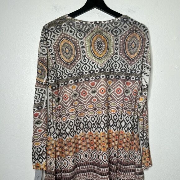 Jess & Jane Aztec Print Asymmetrical Hem Linen Blend 3/4 Sleeve Top Size Medium - Picture 2 of 7